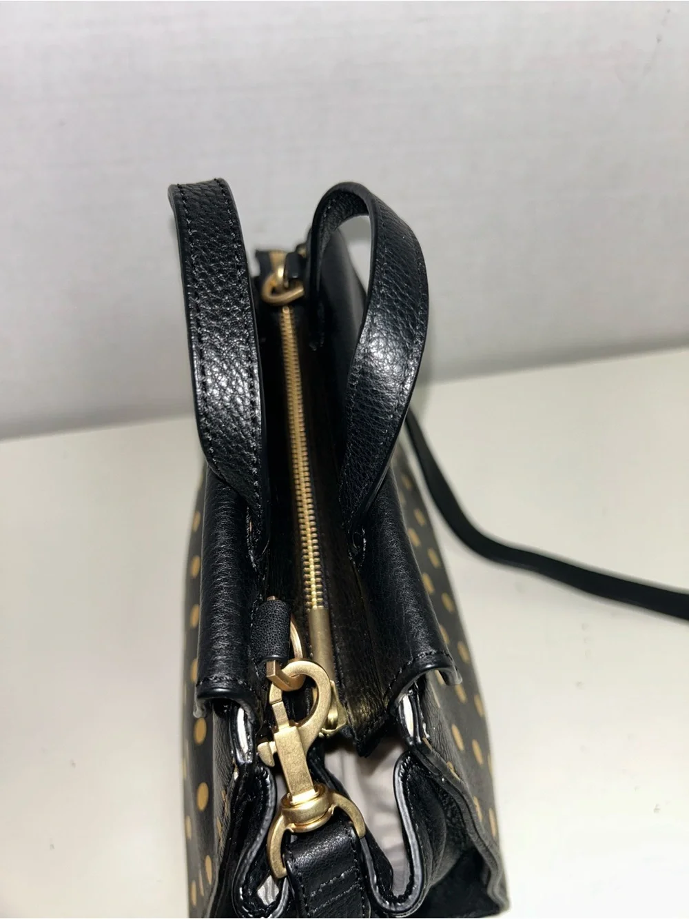 Kate Spade Saturday Black Leather Gold Polka Dot Satchel Crossbody Shoulder Bag